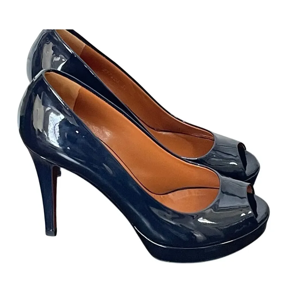 Gucci Navy Patent Leather Peep Toe Platform Pumps EU36 US6 Italy